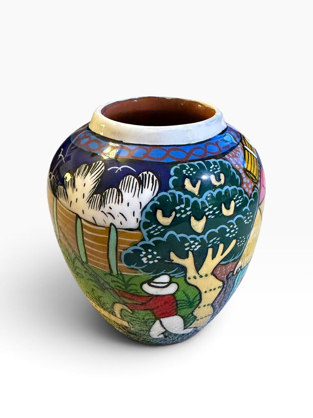 Vtg  Isidoro Mexican Folk Art Clay Pottery Vase Hand Painted Village Storyteller